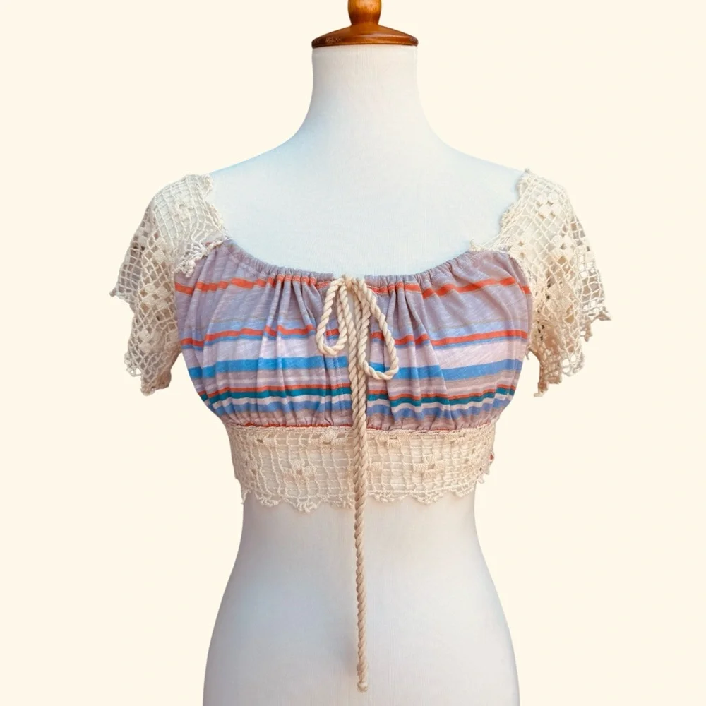 Free People Women’s S Aruba Crochet Striped Bohemian Hippie Festival Crop Top - Picture 3 of 12